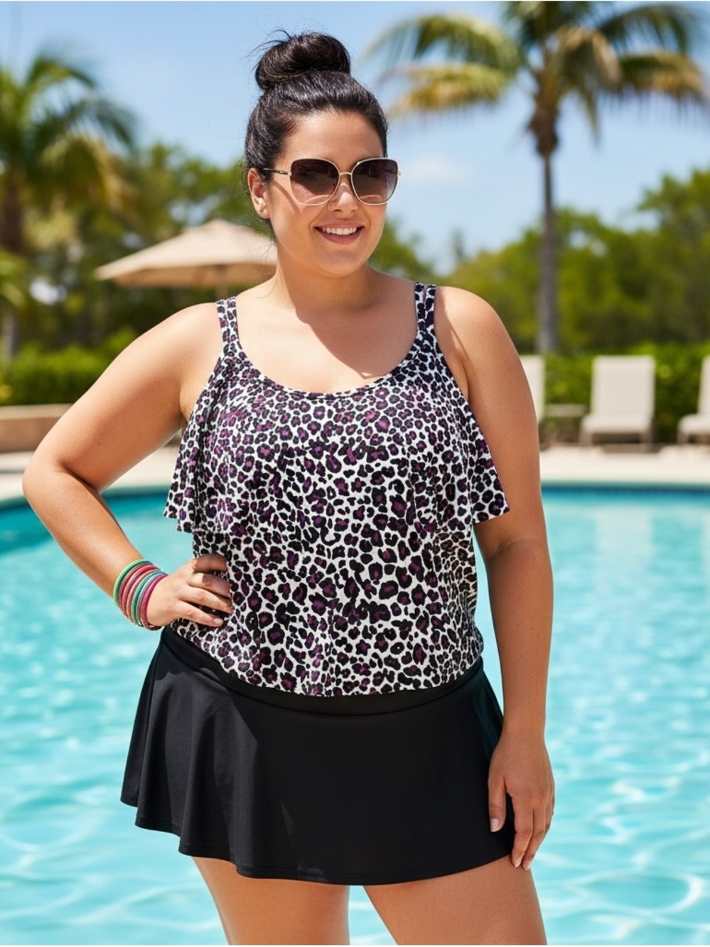 💜🖤Aqua Green Purple Leopard Print Tiered Ruffled Tankini Swim Top EUC 18W